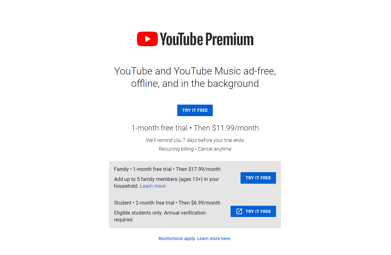 youtube premium USA price